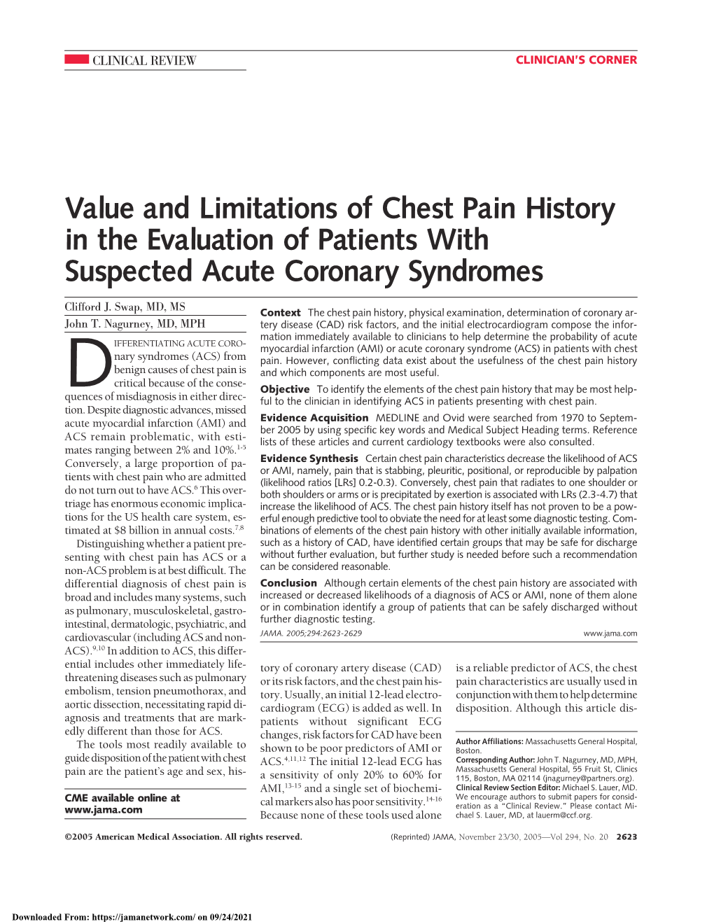 Value and Limitations of Chest Pain History in the Evaluation of Patients with Suspected Acute Coronary Syndromes