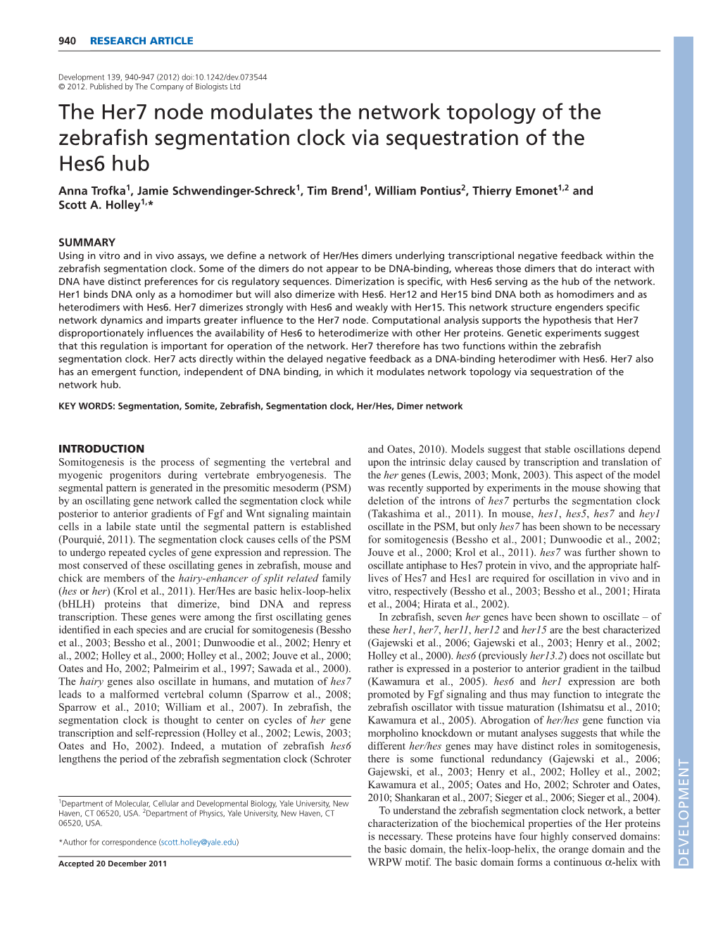 The Her7 Node Modulates the Network Topology of the Zebrafish