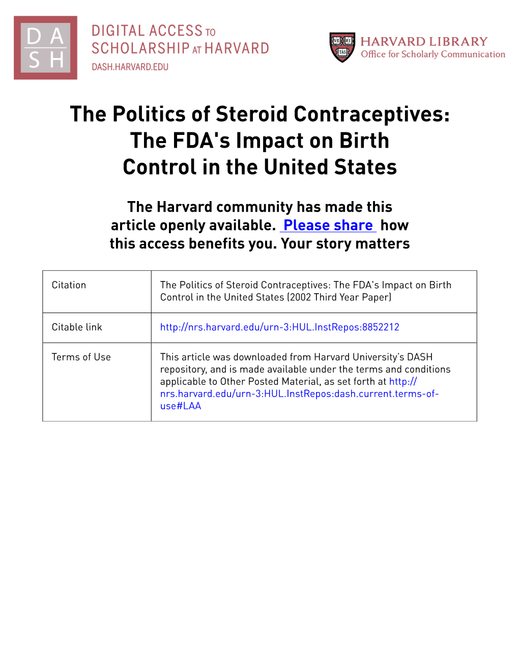 The Politics of Steroid Contraceptives: the FDA's Impact on Birth Control in the United States