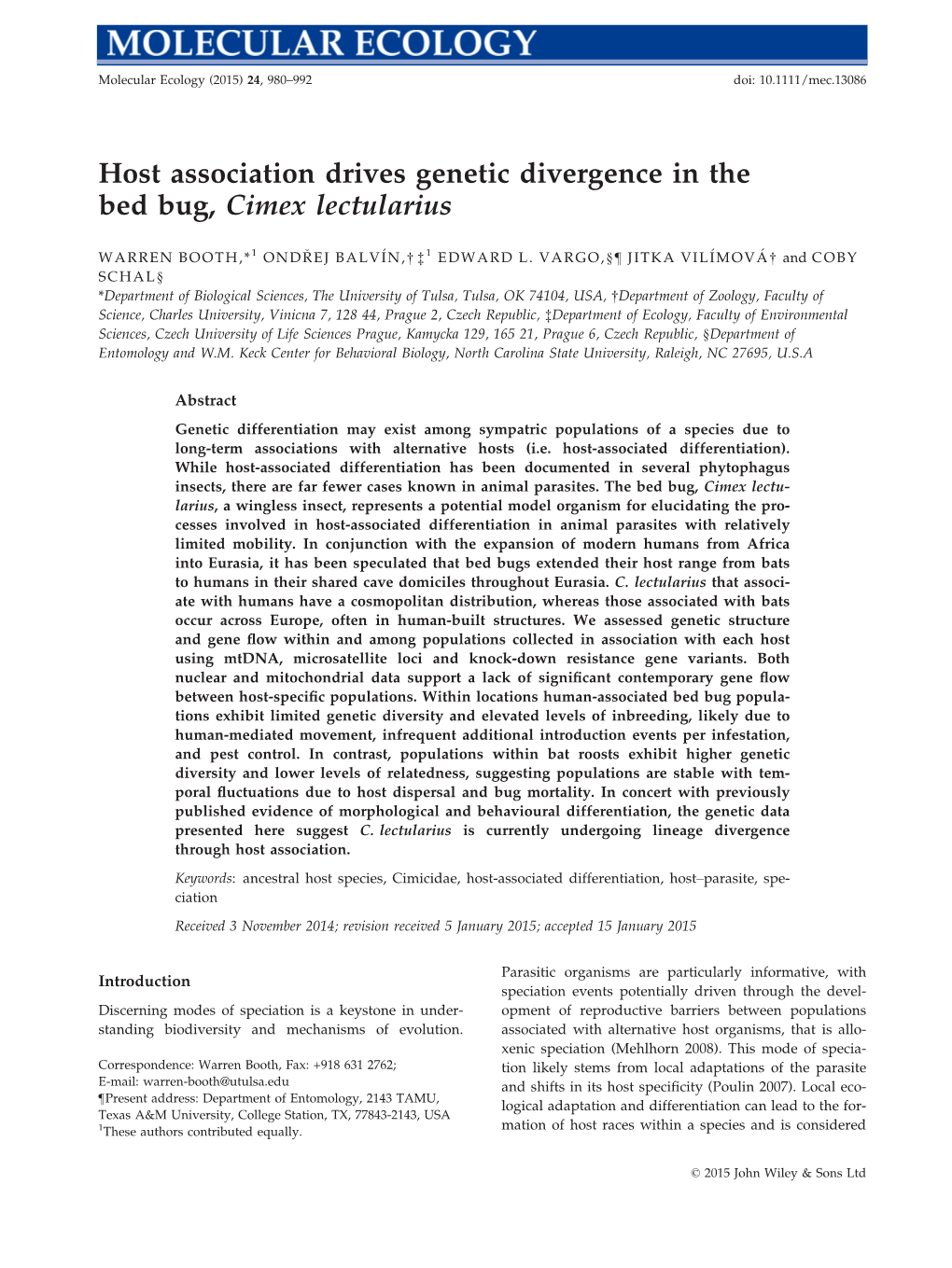 Host Association Drives Genetic Divergence in the Bed Bug, Cimex Lectularius