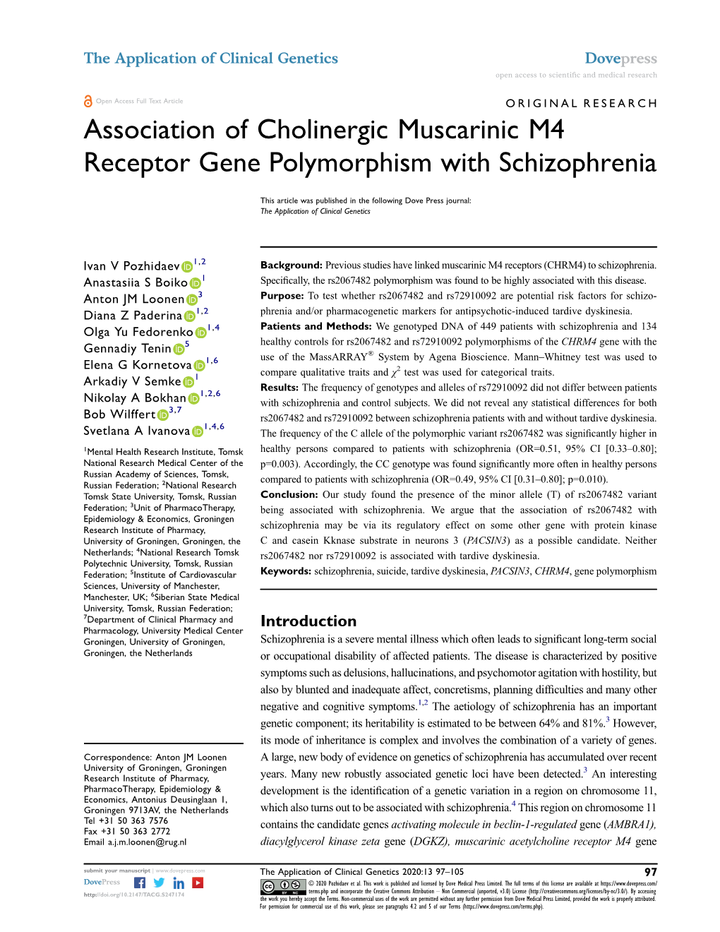 Association of Cholinergic Muscarinic M4 Receptor Gene Polymorphism with Schizophrenia