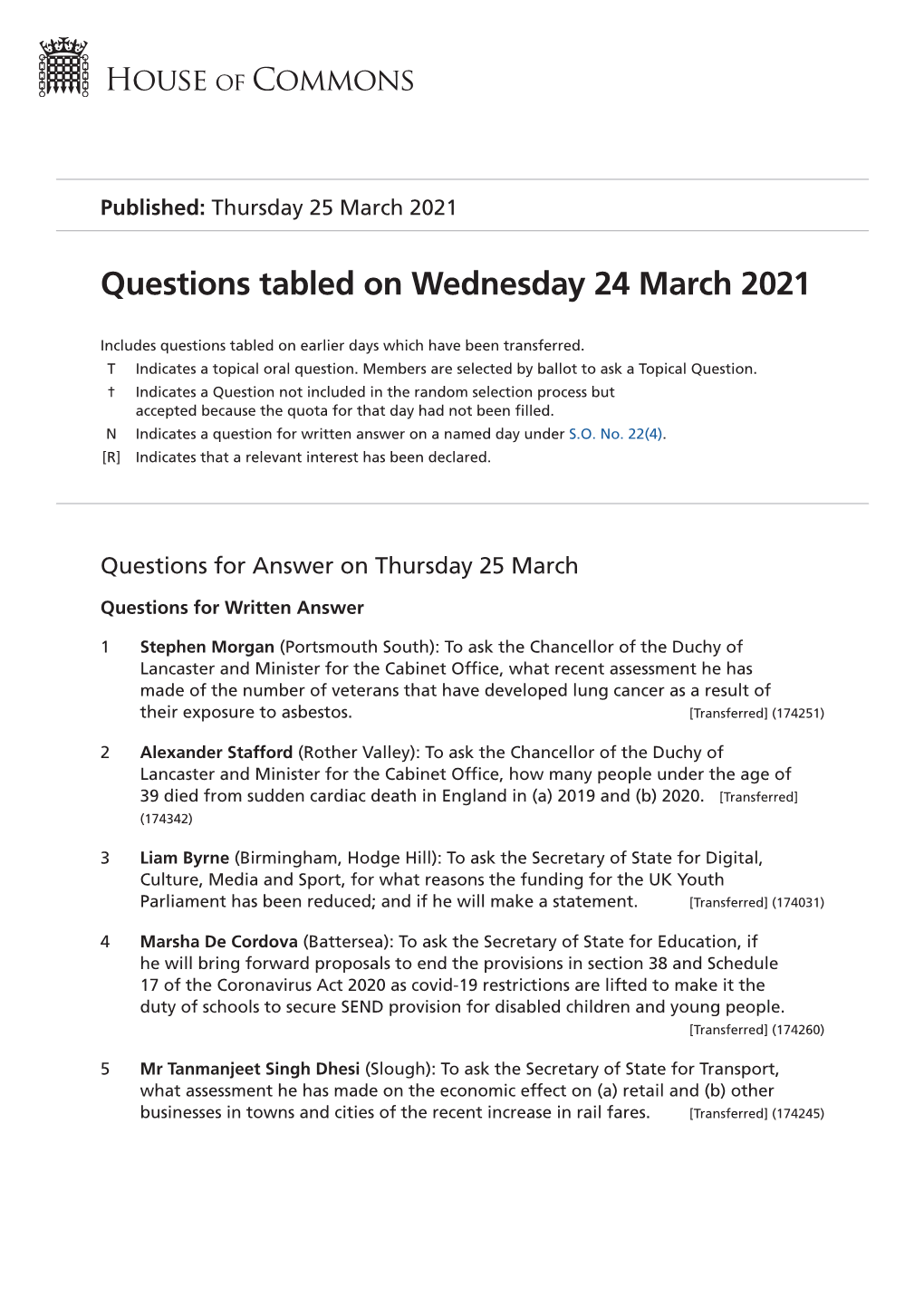 Questions Tabled on Wednesday 24 March 2021