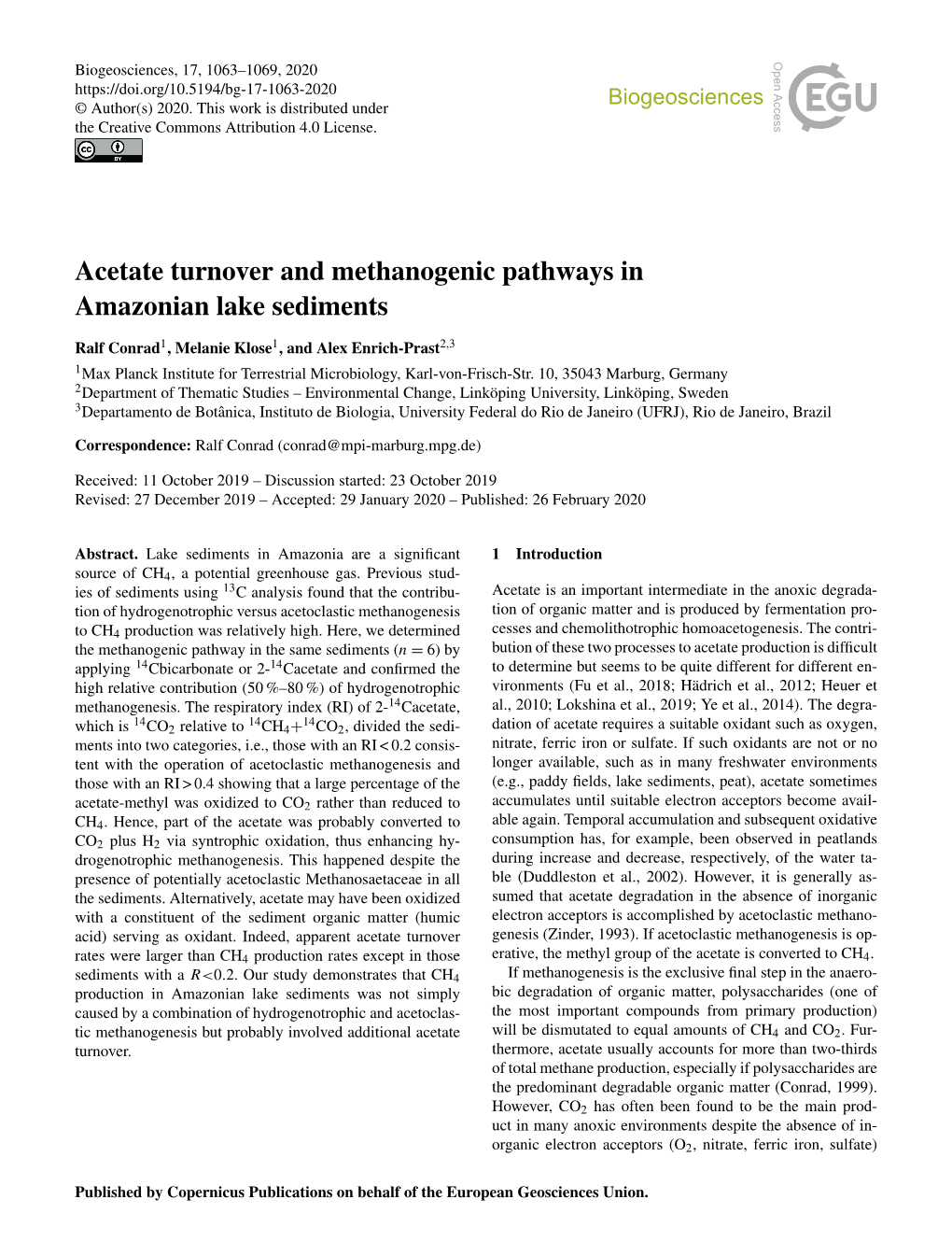 Acetate Turnover and Methanogenic Pathways in Amazonian Lake Sediments