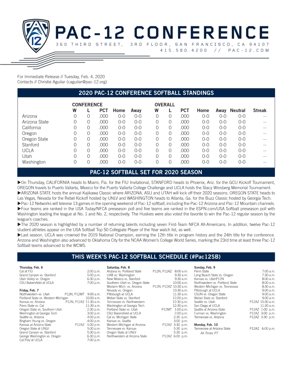 THIS WEEK's PAC-12 SOFTBALL SCHEDULE (#Pac12sb) 2020 PAC