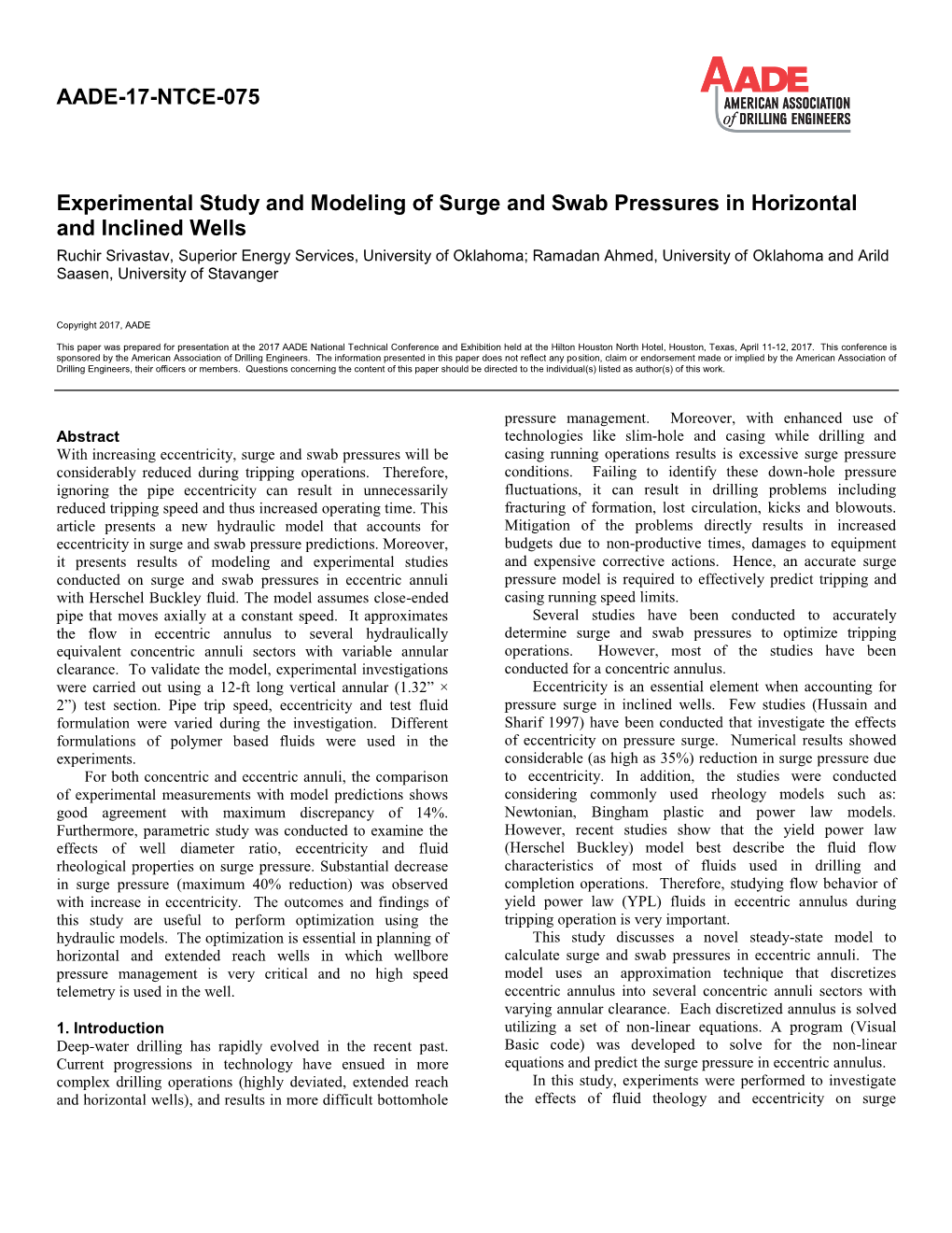 Experimental Study and Modeling of Surge and Swab