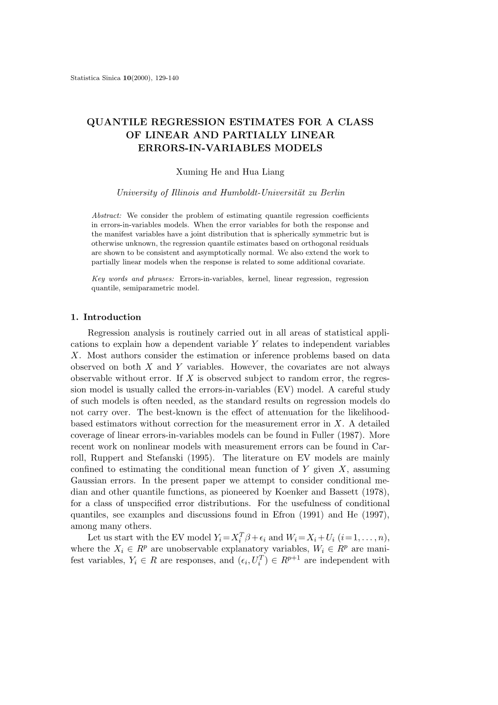 Quantile Regression Estimates for a Class of Linear and Partially Linear Errors-In-Variables Models