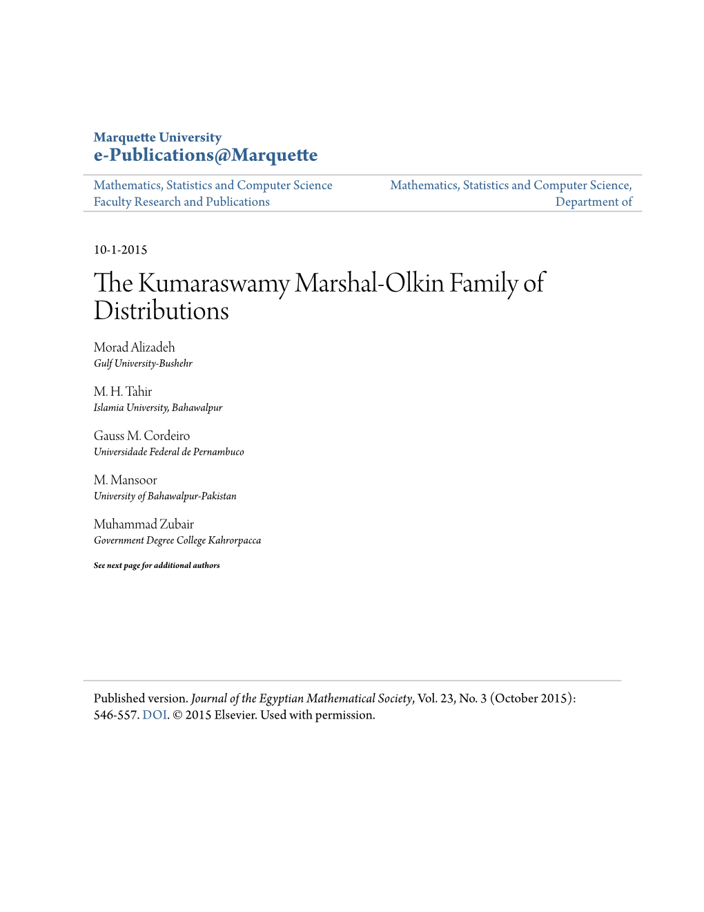 The Kumaraswamy Marshal-Olkin Family of Distributions Morad Alizadeh Gulf University-Bushehr