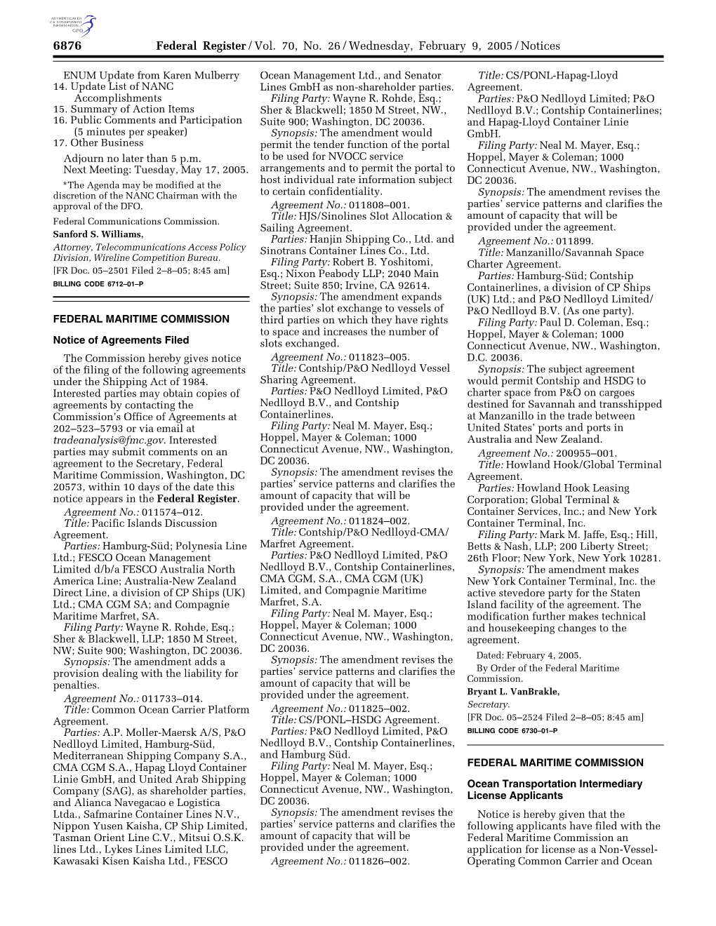 Federal Register/Vol. 70, No. 26/Wednesday, February 9, 2005