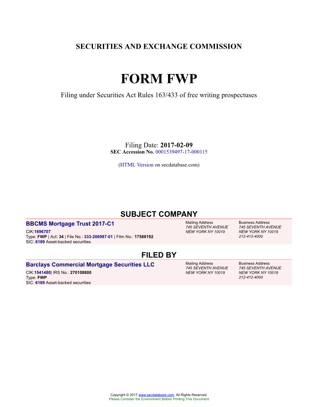 BBCMS Mortgage Trust 2017-C1 Form FWP Filed 2017-02-09