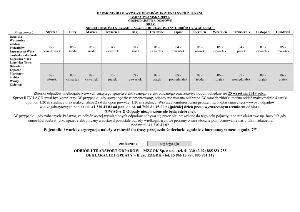 Pojemniki I Worki Z Segregacją Należy Wystawić Do Trasy Przejazdu Śmieciarki Zgodnie Z Harmonogramem O Godz. 700 Zmieszane S