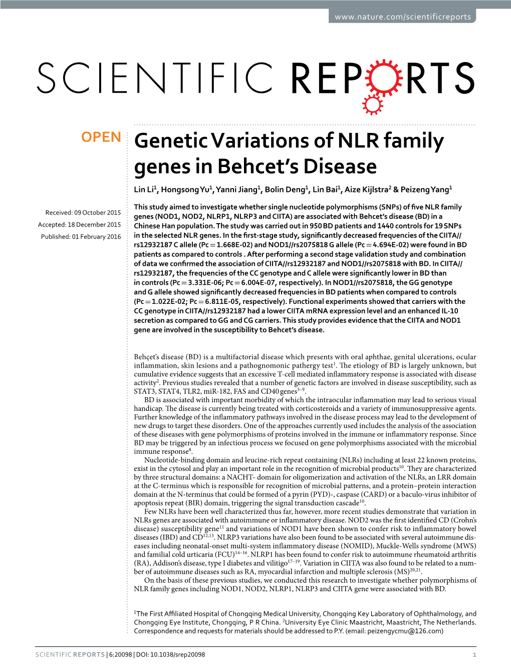 Genetic Variations of NLR Family Genes in Behcet's Disease