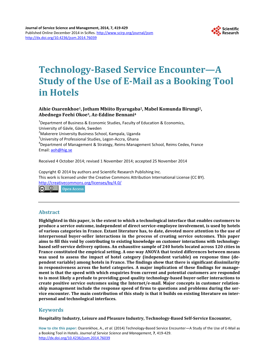 Technology-Based Service Encounter—A Study of the Use of E-Mail As a Booking Tool in Hotels