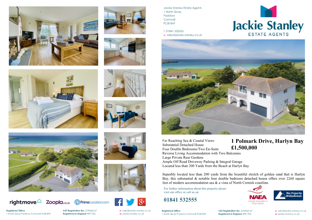 01841 532555 1 Polmark Drive, Harlyn Bay £1,500,000