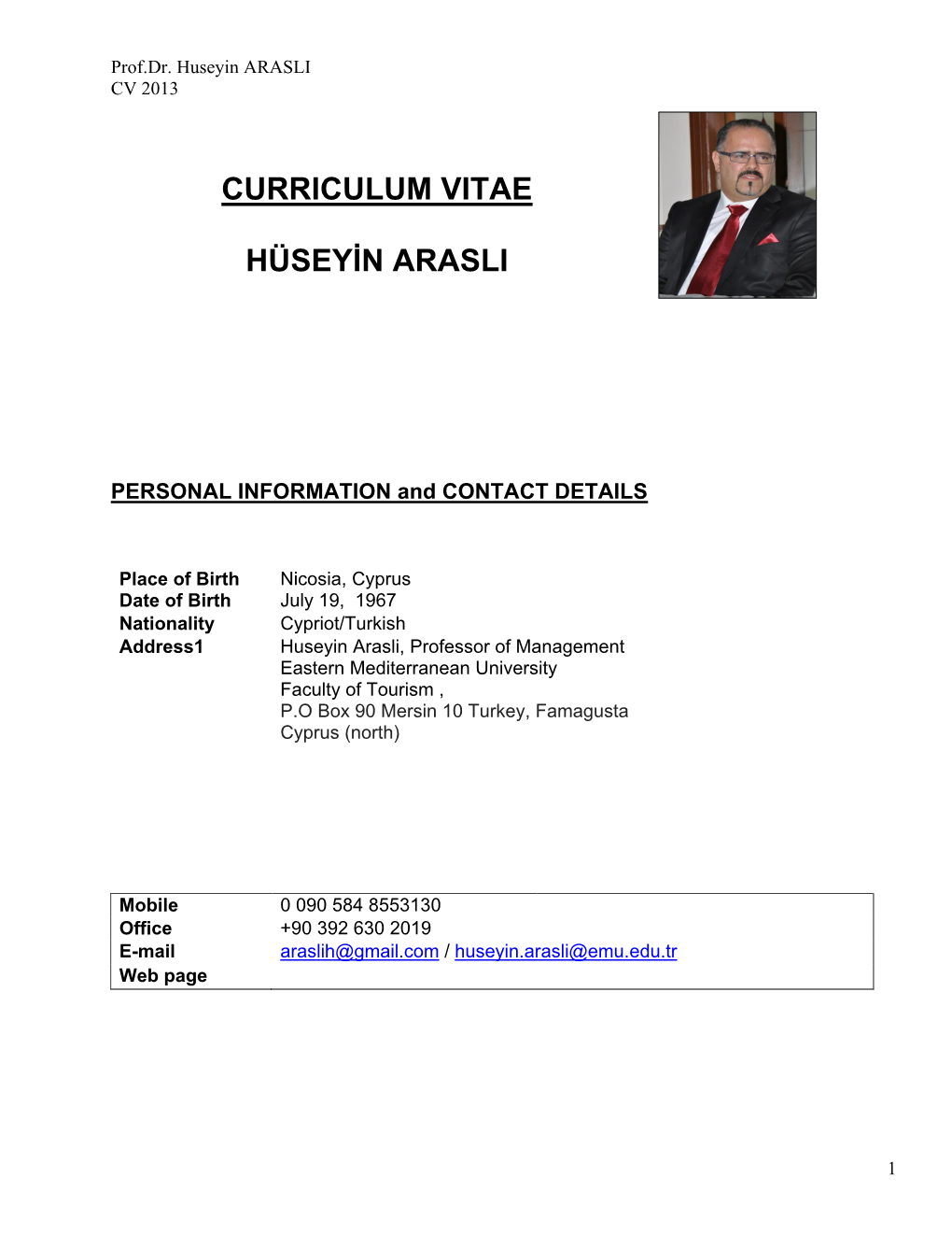 Huseyin ARASLI CV 2013