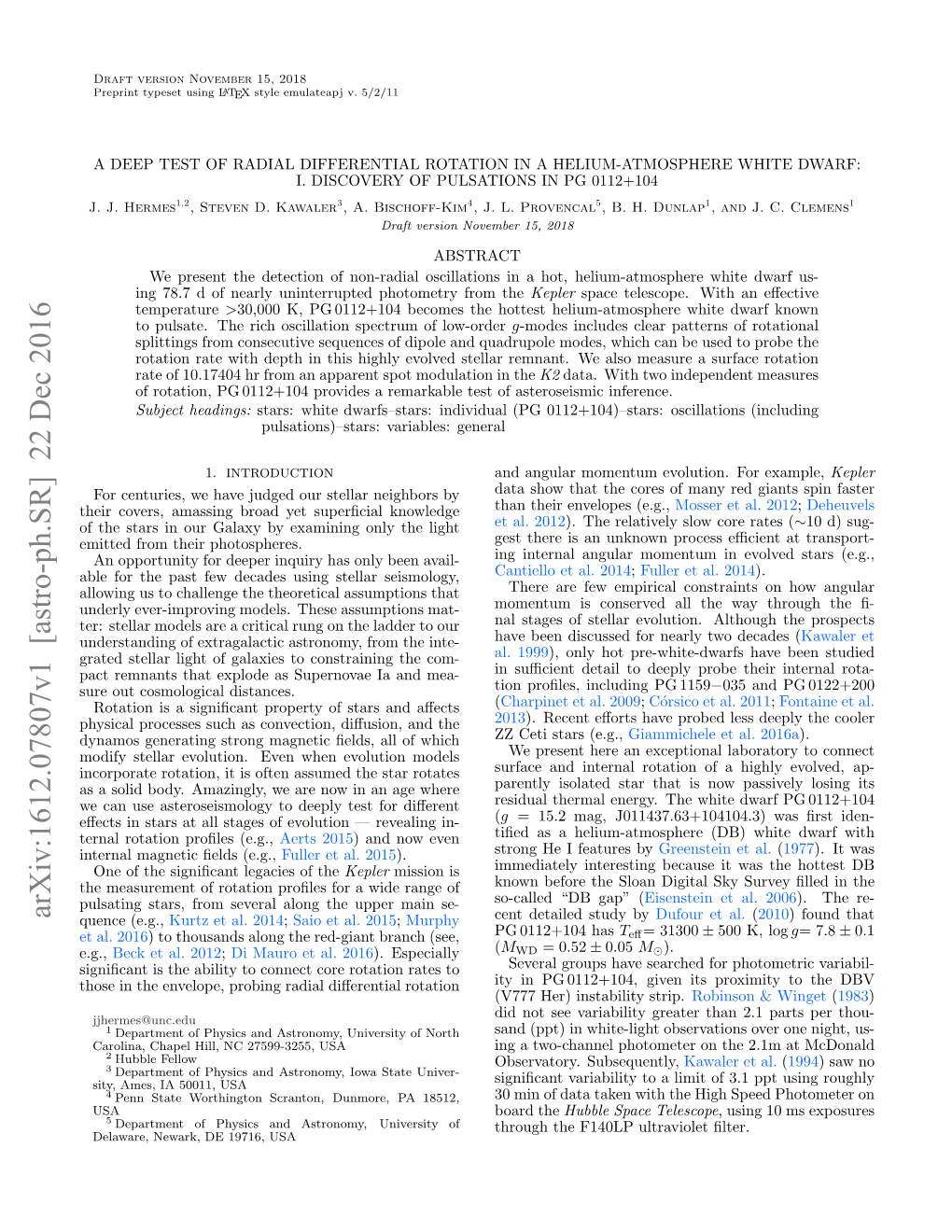 Arxiv:1612.07807V1 [Astro-Ph.SR] 22 Dec 2016 Quence (E.G., Kurtz Et Al