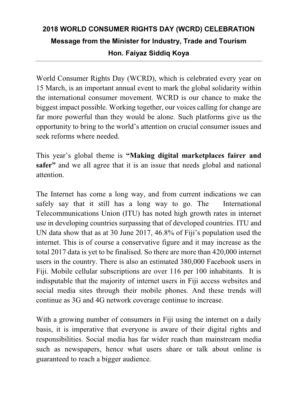 World Consumer Rights Day (WCRD), Which Is Celebrated Every