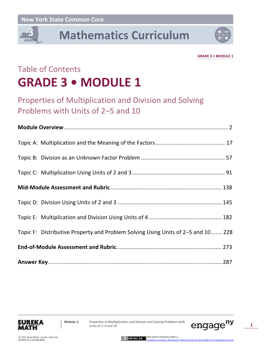 GRADE 3 • MODULE 1 Table of Contents GRADE 3 • MODULE 1 Properties of Multiplication and Division and Solving Problems with Units of 2–5 and 10