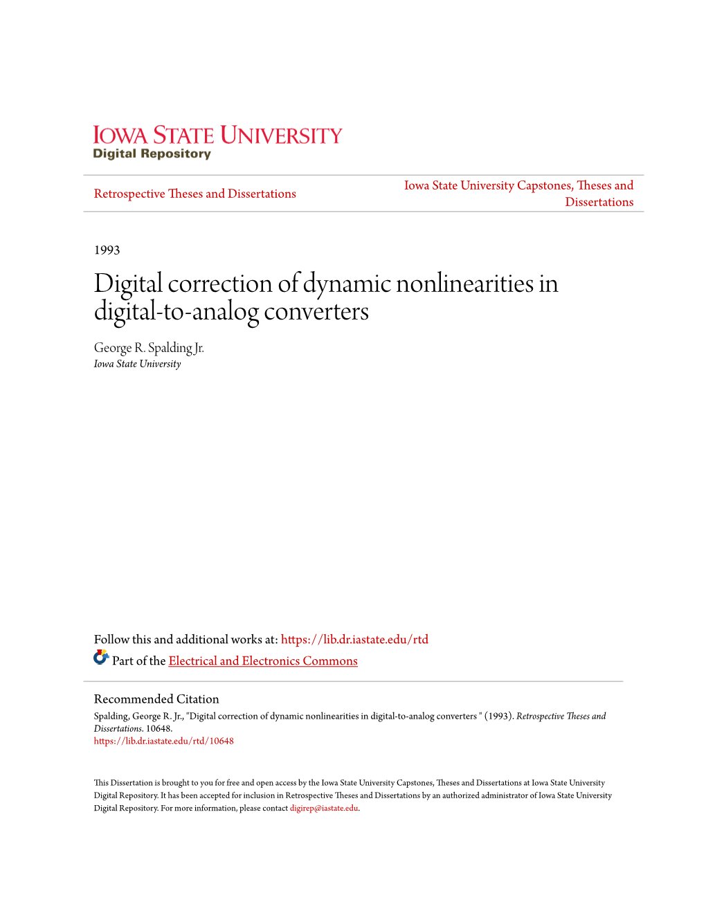 Digital Correction of Dynamic Nonlinearities in Digital-To-Analog Converters George R