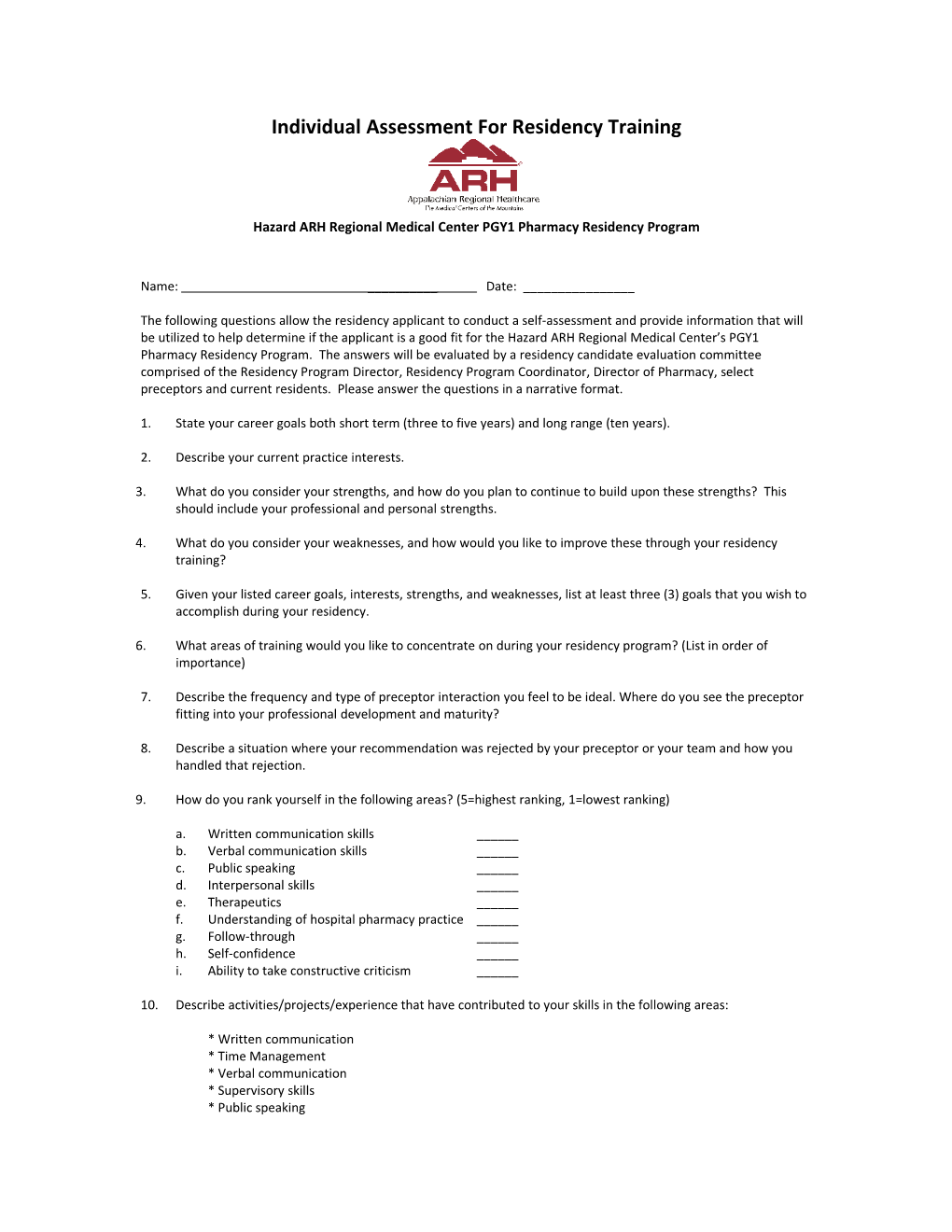 Individual Assessment for Residency Training