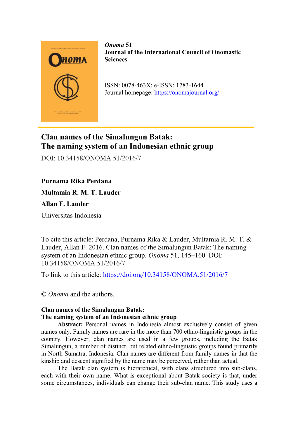 Clan Names of the Simalungun Batak: the Naming System of an Indonesian Ethnic Group DOI: 10.34158/ONOMA.51/2016/7