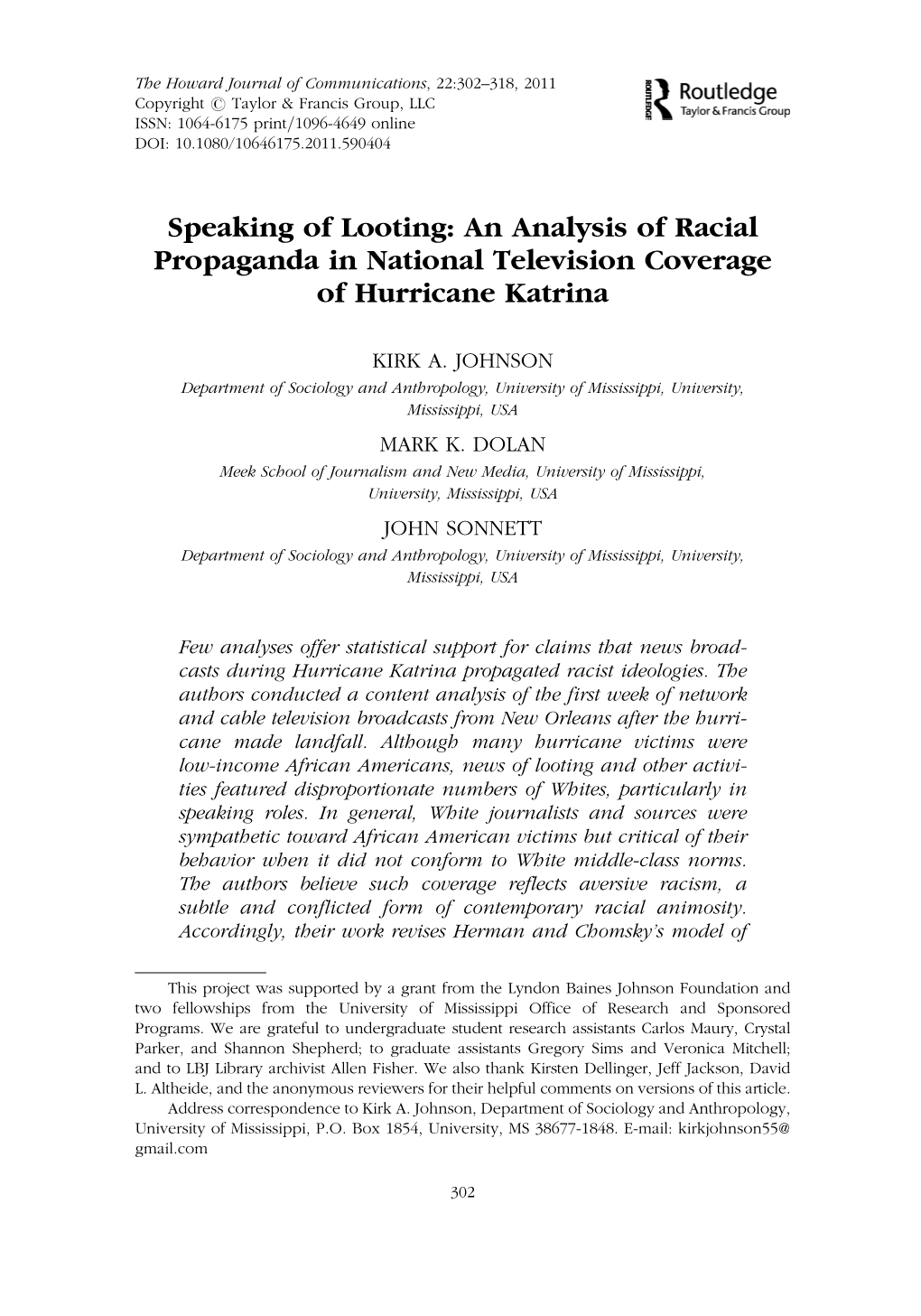 Speaking of Looting: an Analysis of Racial Propaganda in National Television Coverage of Hurricane Katrina