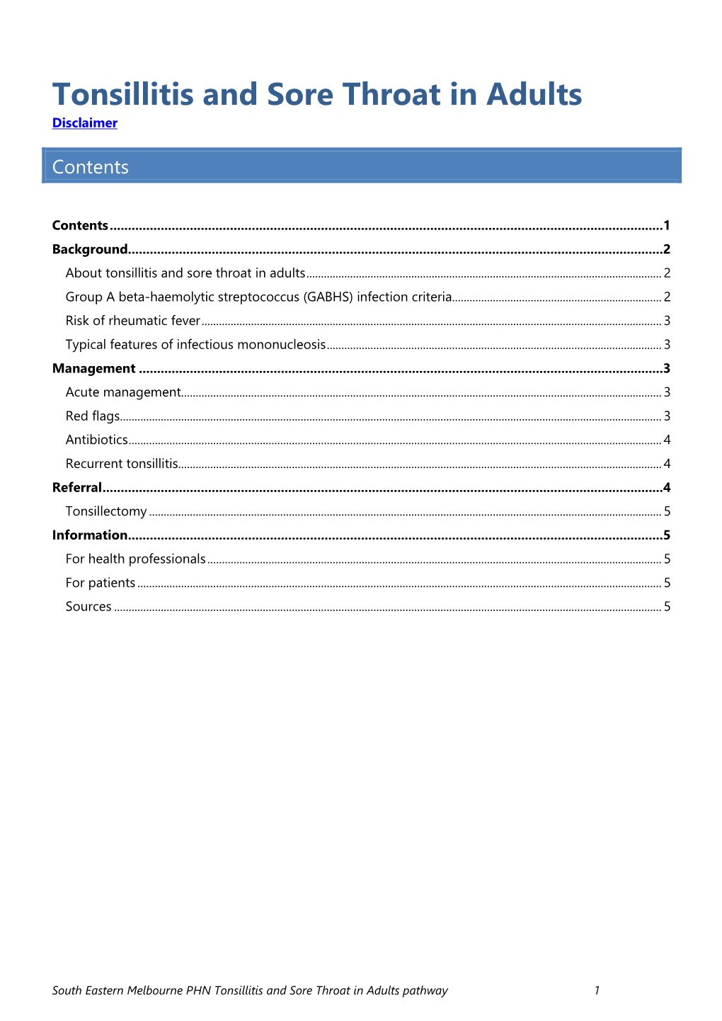 Tonsilitis and Sore Throat in Adults Pathway