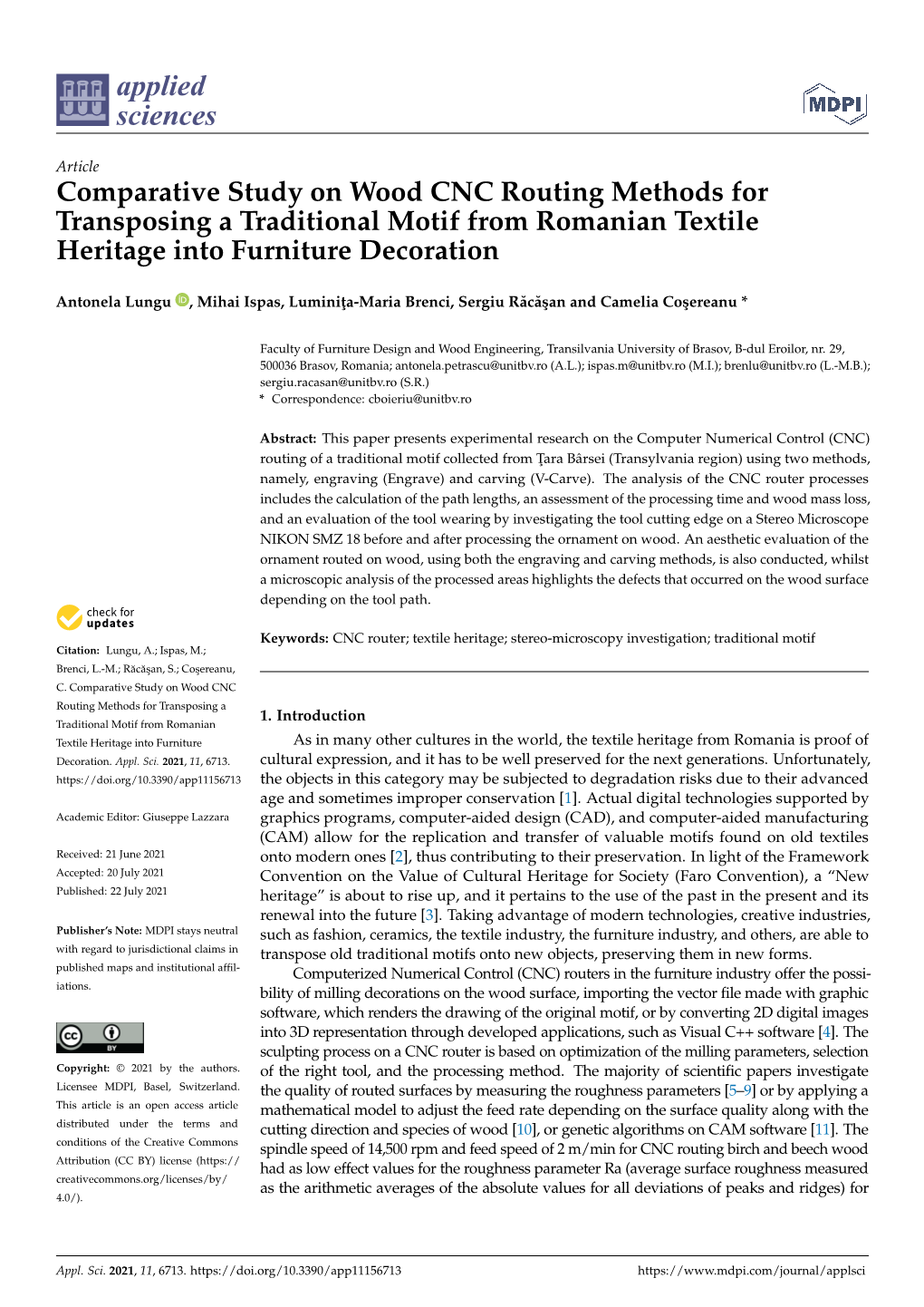 Comparative Study on Wood CNC Routing Methods for Transposing a Traditional Motif from Romanian Textile Heritage Into Furniture Decoration