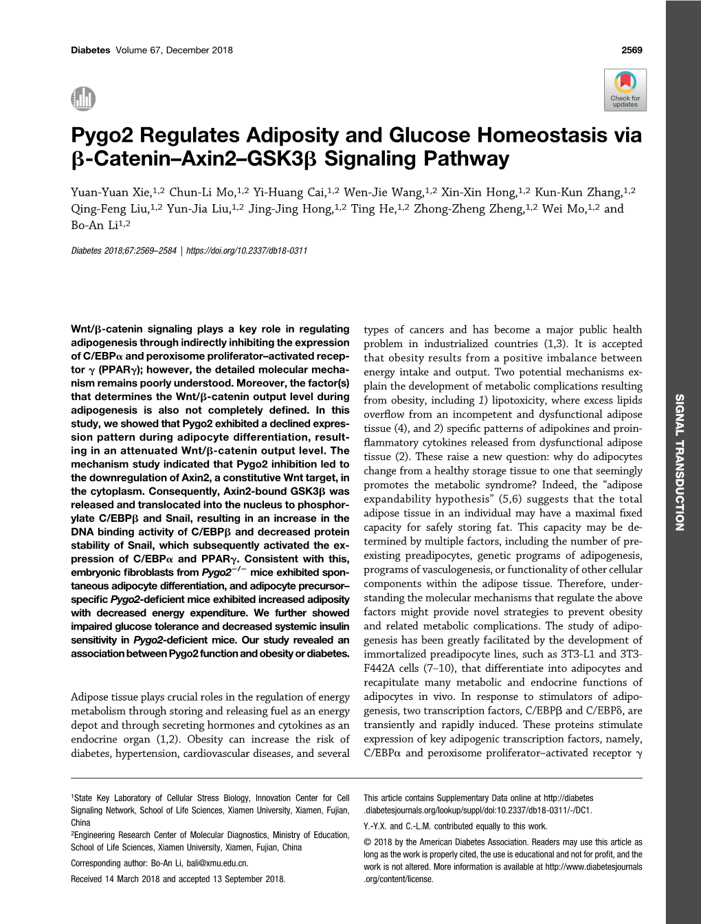 Pygo2 Regulates Adiposity and Glucose Homeostasis Via Β-Catenin