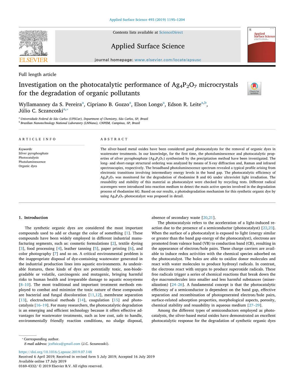 Investigation on the Photocatalytic Performance of Ag4p2o7 Microcrystals for the Degradation of Organic Pollutants T