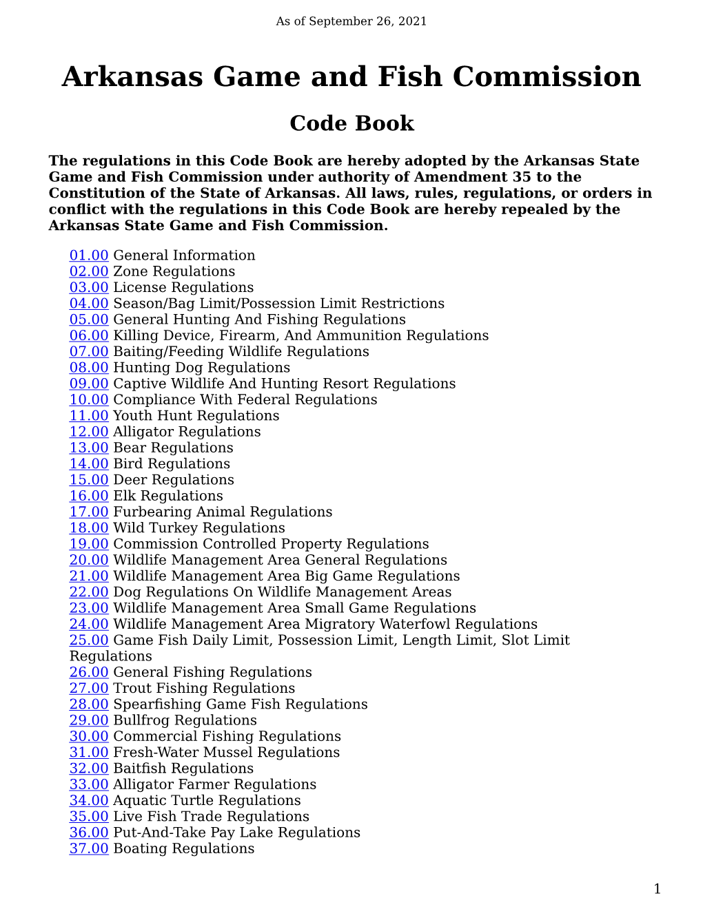 Arkansas Game and Fish Commission Code Book