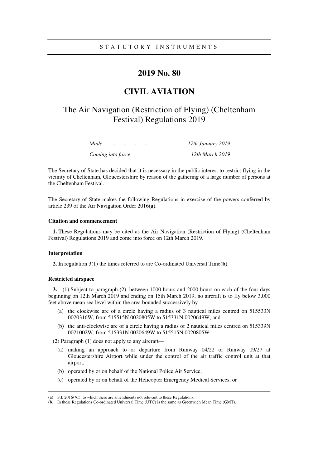 (Restriction of Flying) (Cheltenham Festival) Regulations 2019