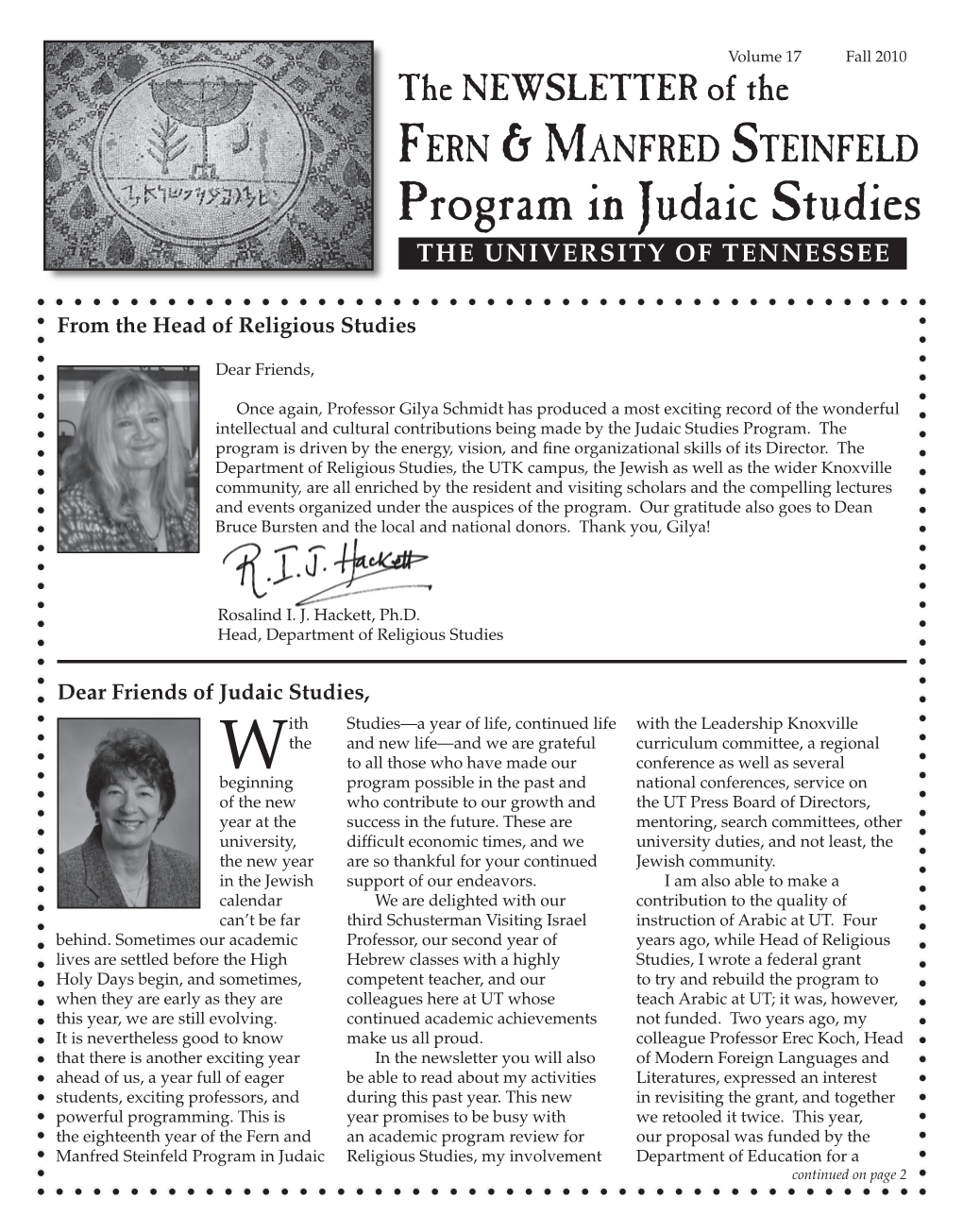 Program in Judaic Studies the UNIVERSITY of TENNESSEE