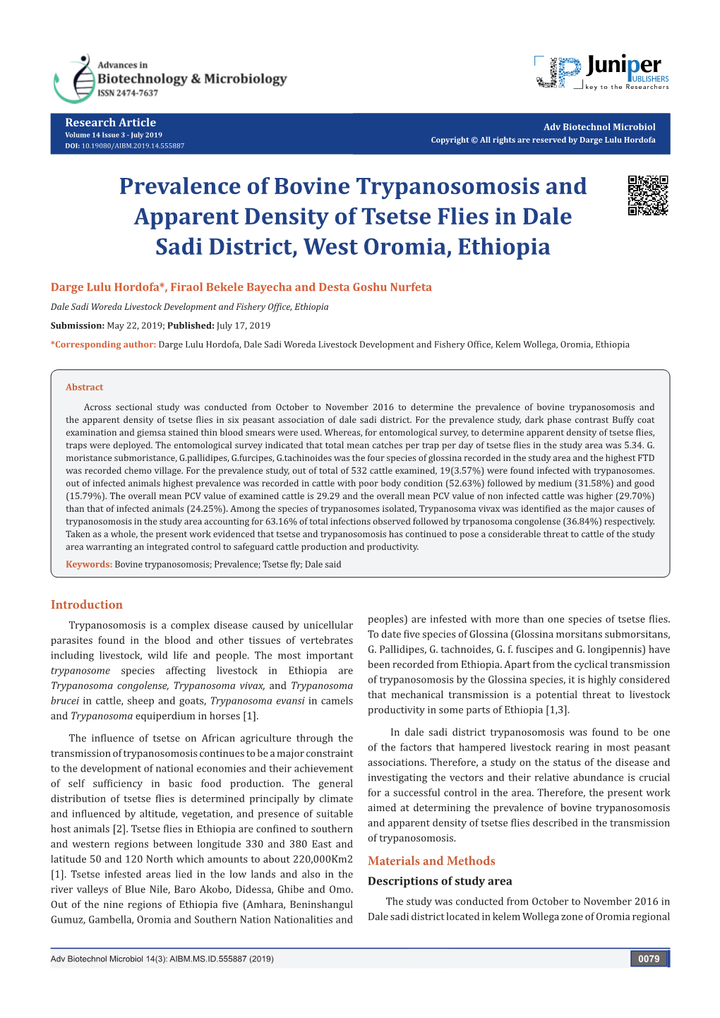 Prevalence of Bovine Trypanosomosis and Apparent Density of Tsetse Flies in Dale Sadi District, West Oromia, Ethiopia