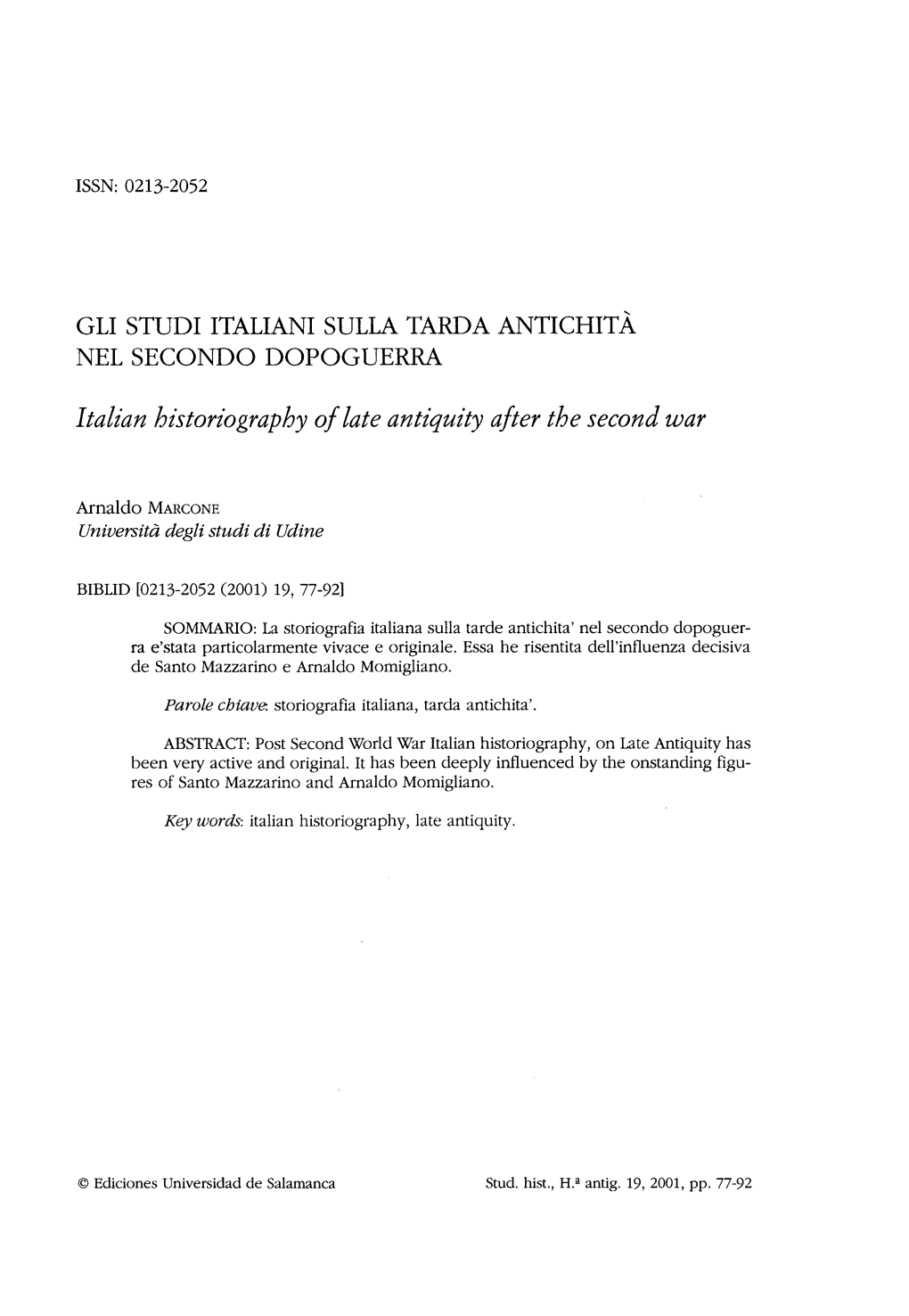 Gli Studi Italiani Sulla Tarda Antichità Nel Secondo Dopoguerra