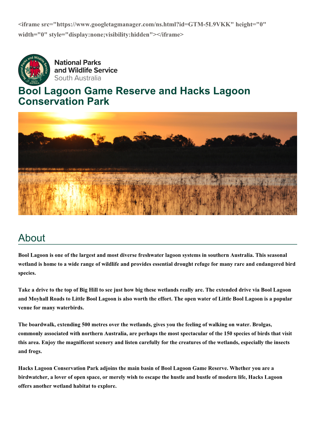 Bool Lagoon Game Reserve and Hacks Lagoon Conservation Park About