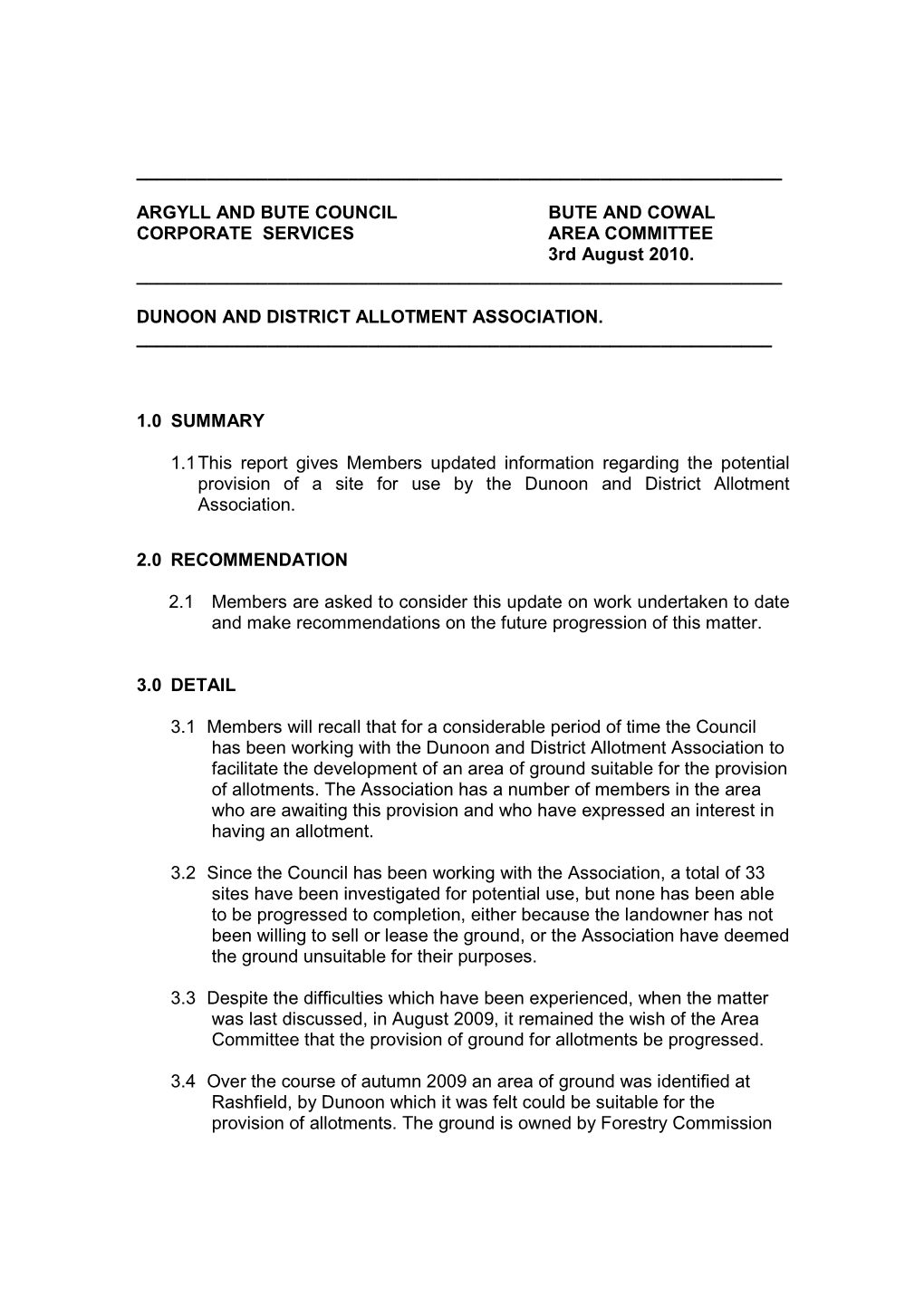 ARGYLL and BUTE COUNCIL BUTE and COWAL CORPORATE SERVICES AREA COMMITTEE 3Rd August 2010