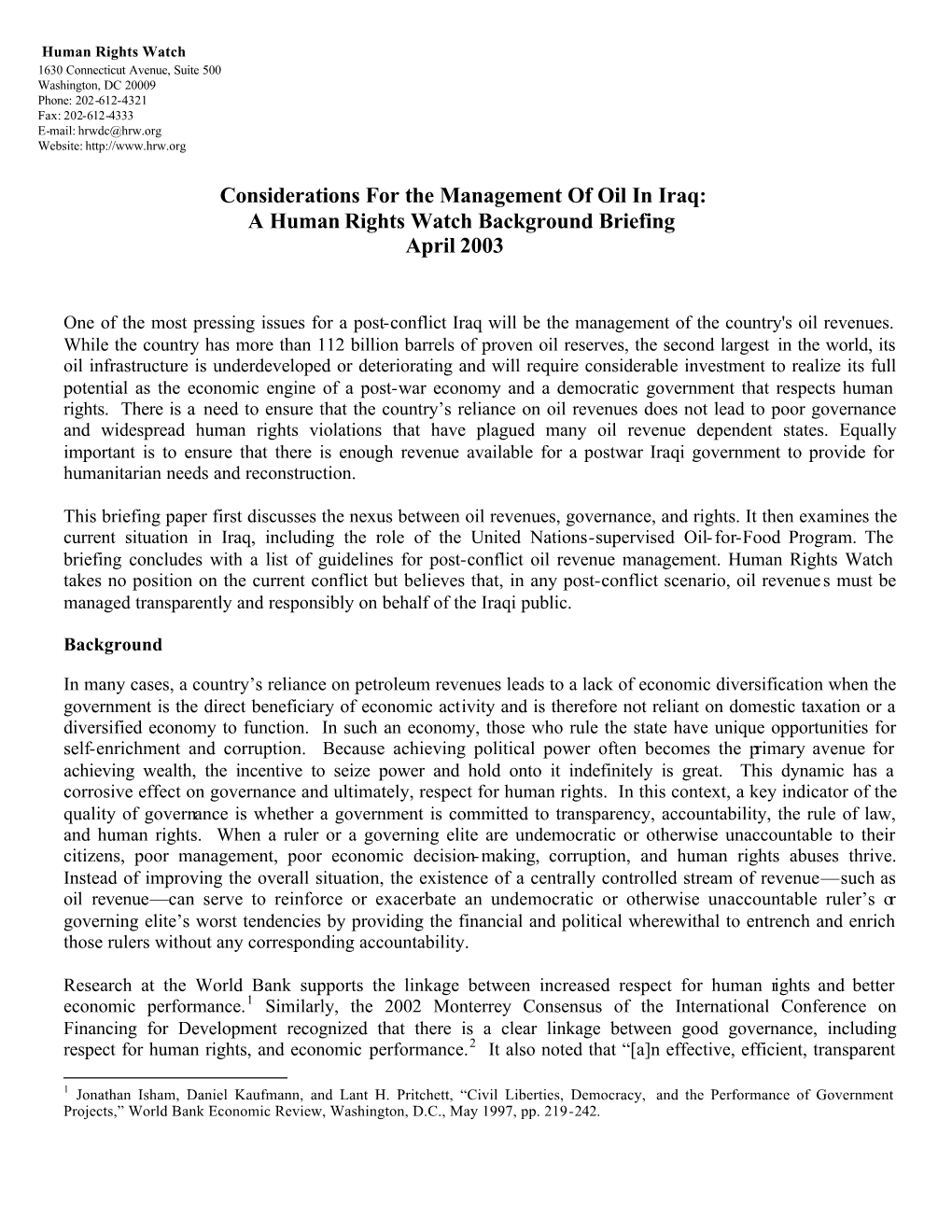Considerations for the Management of Oil in Iraq: a Human Rights Watch Background Briefing April 2003