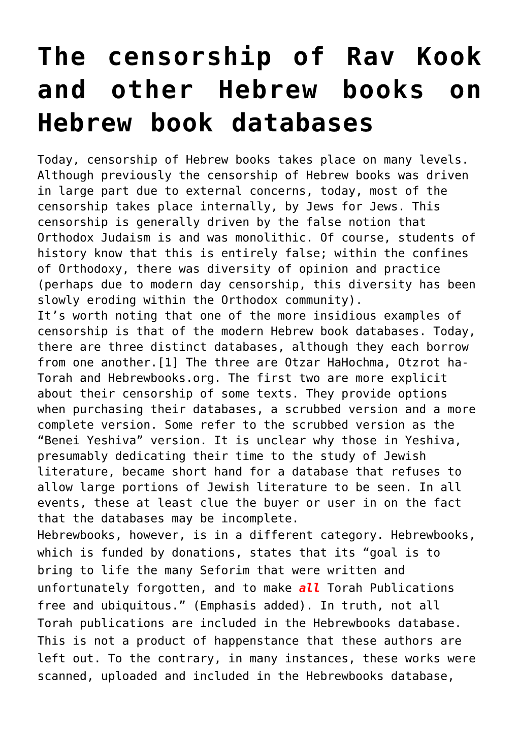 The Censorship of Rav Kook and Other Hebrew Books on Hebrew Book Databases