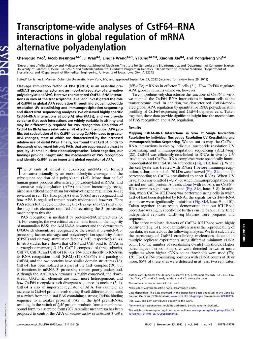 Transcriptome-Wide Analyses of Cstf64–RNA Interactions in Global Regulation of Mrna Alternative Polyadenylation