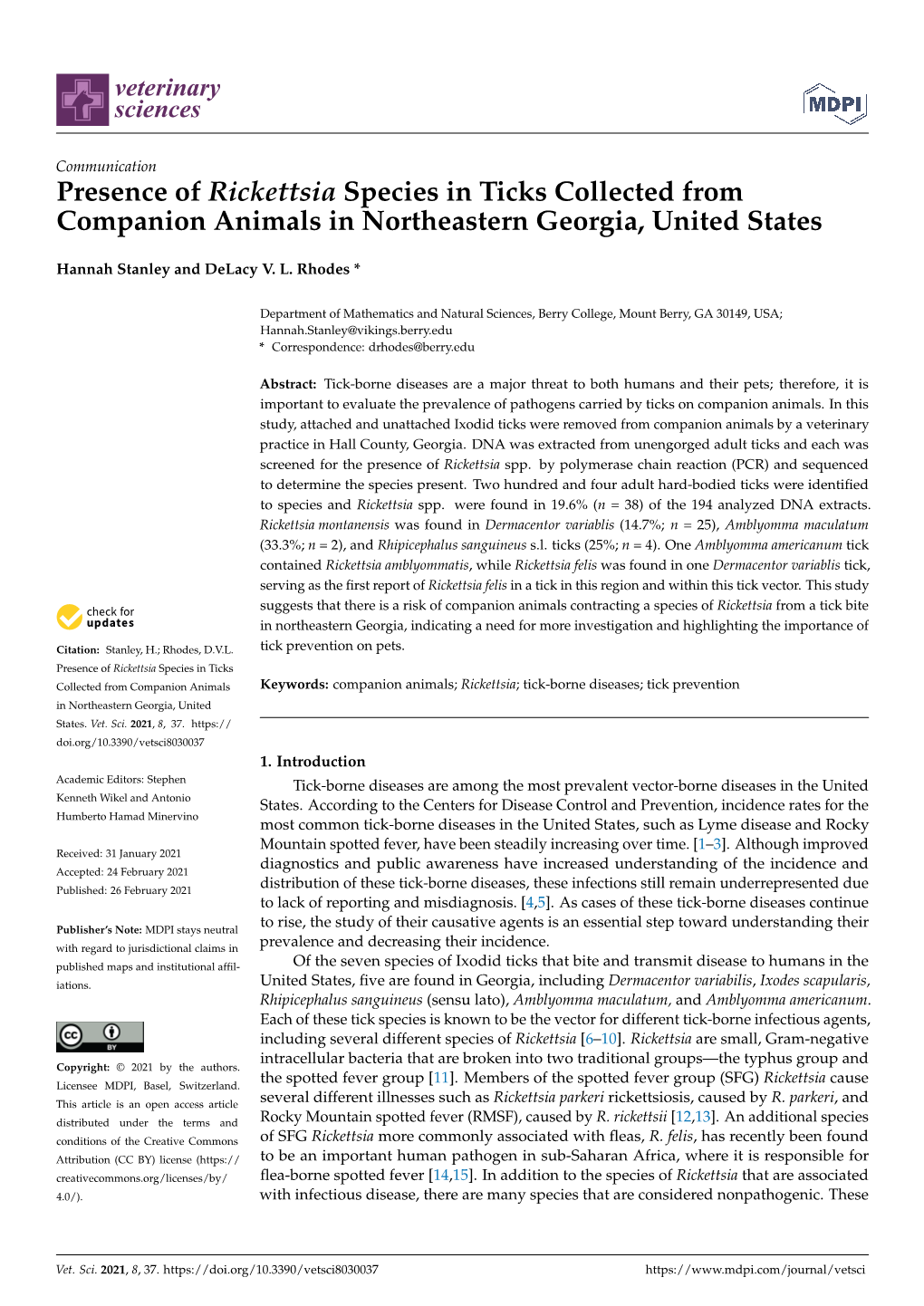 Presence of Rickettsia Species in Ticks Collected from Companion Animals in Northeastern Georgia, United States