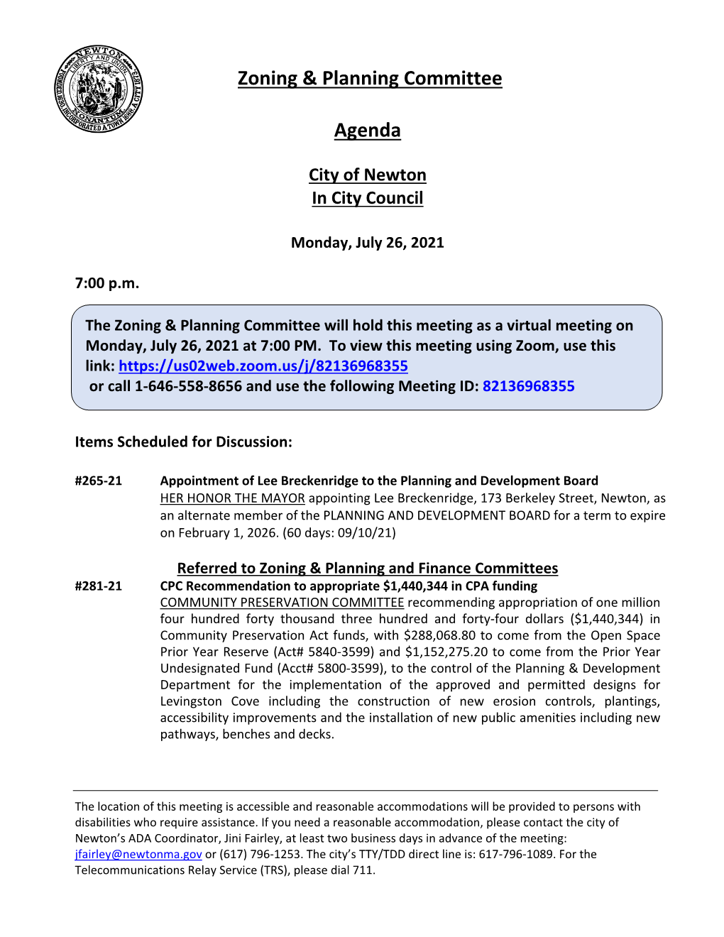 Zoning & Planning Committee Agenda