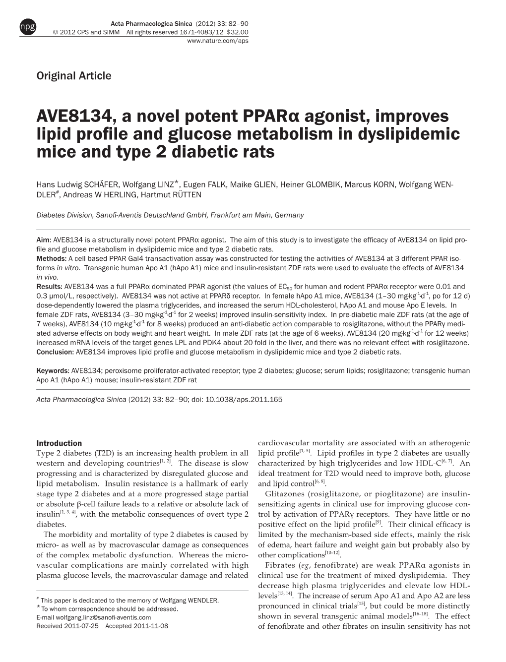 AVE8134, a Novel Potent Pparα Agonist, Improves Lipid Profile and Glucose Metabolism in Dyslipidemic Mice and Type 2 Diabetic Rats