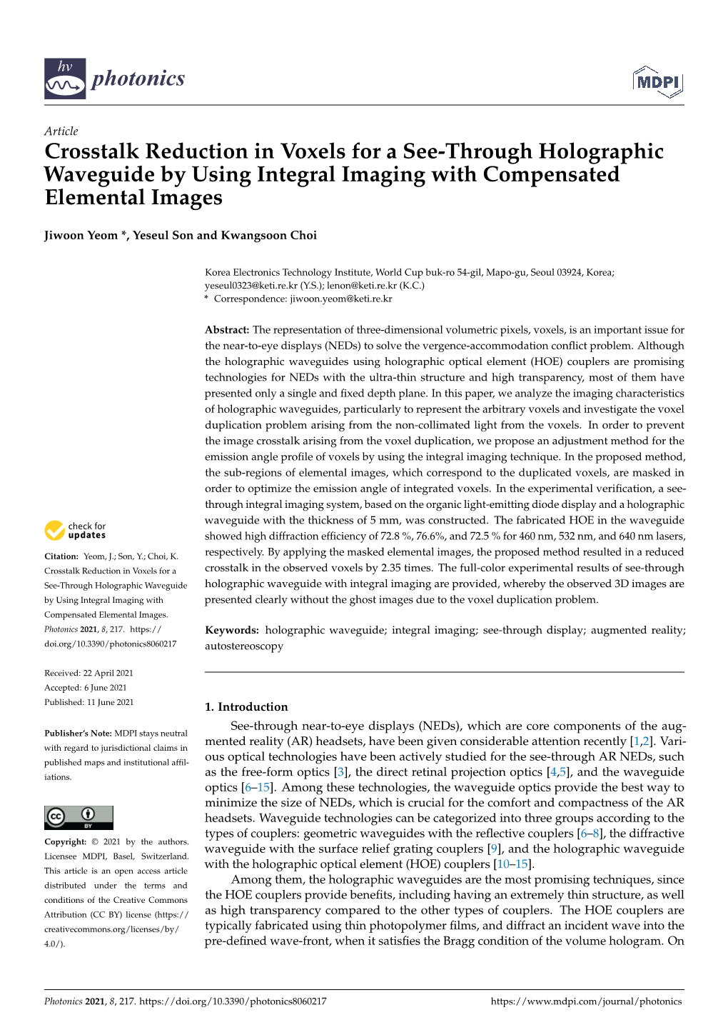 Crosstalk Reduction in Voxels for a See-Through Holographic Waveguide by Using Integral Imaging with Compensated Elemental Images