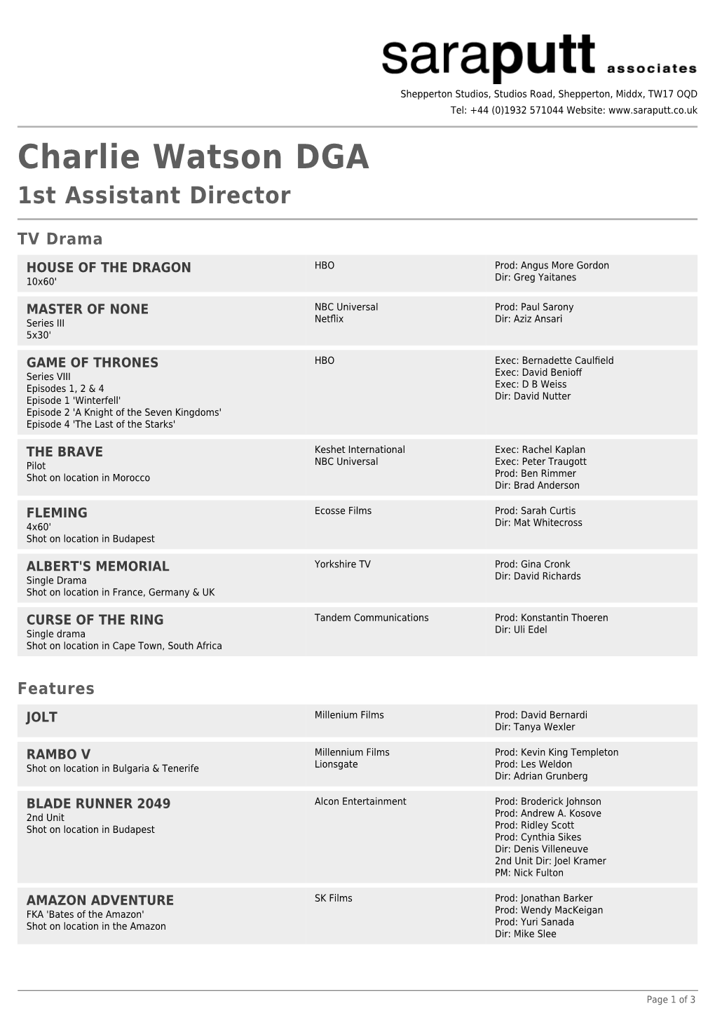 Charlie Watson DGA 1St Assistant Director