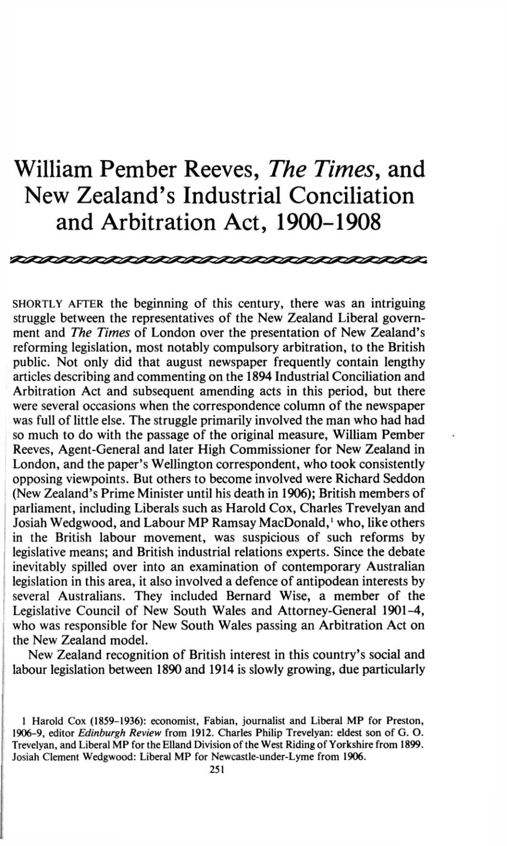 William Pember Reeves, the Times, and New Zealand's Industrial Conciliation and Arbitration Act, 1900-1908
