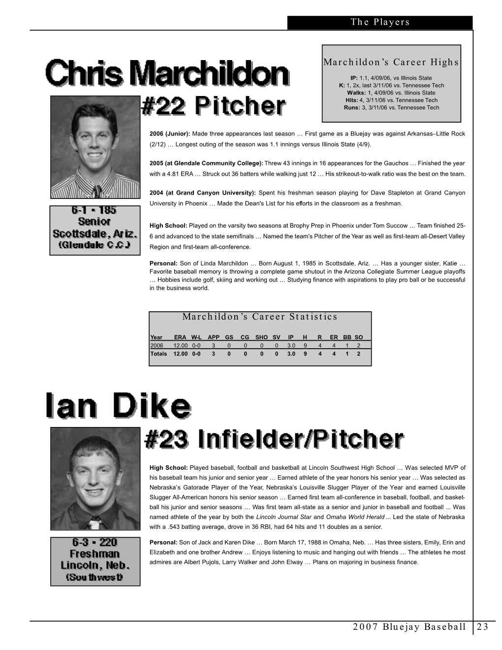 2007 Bluejay Baseball 23 the Players Marchildon's Career Highs