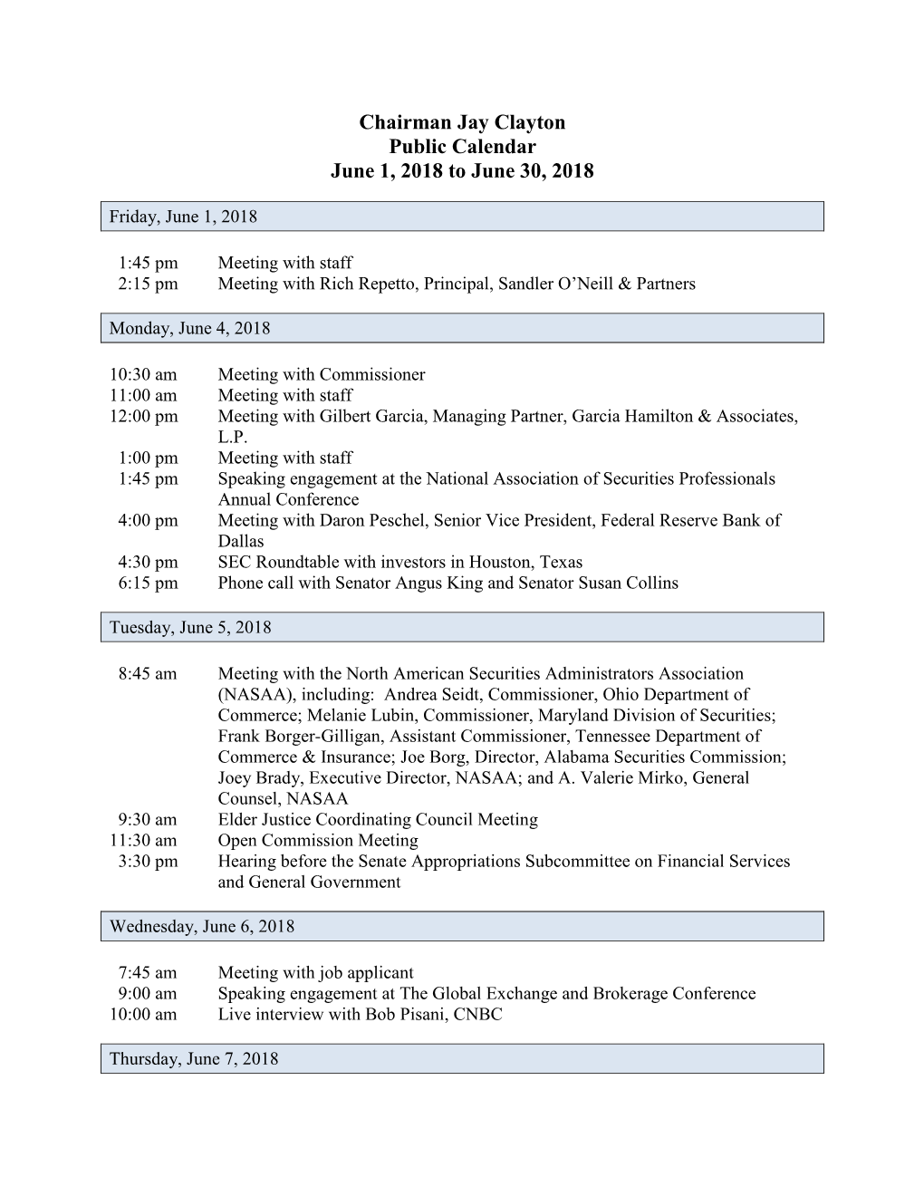 Chairman Jay Clayton, Public Calendar, June 1, 2018 to June 30