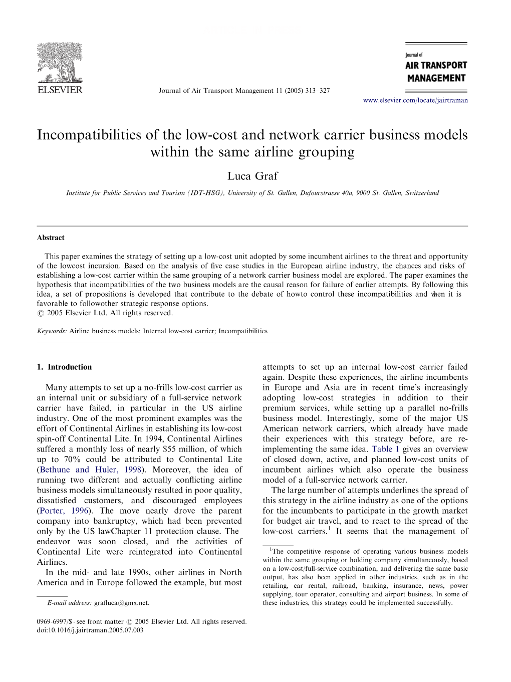 Incompatibilities of the Low-Cost and Network Carrier Business Models Within the Same Airline Grouping