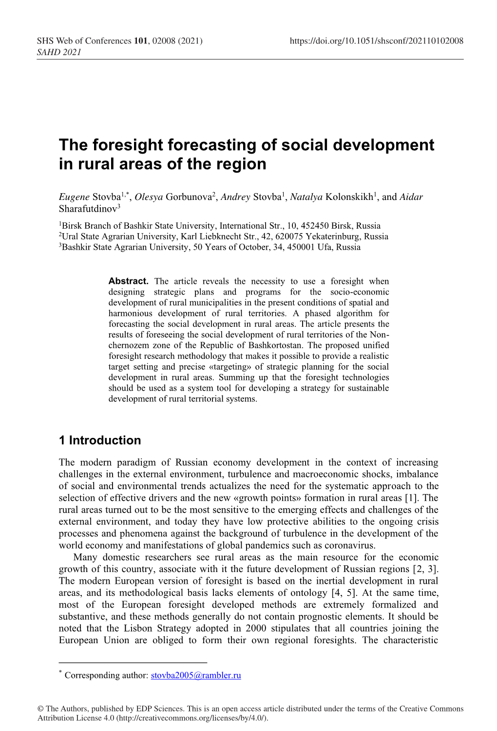 The Foresight Forecasting of Social Development in Rural Areas of the Region