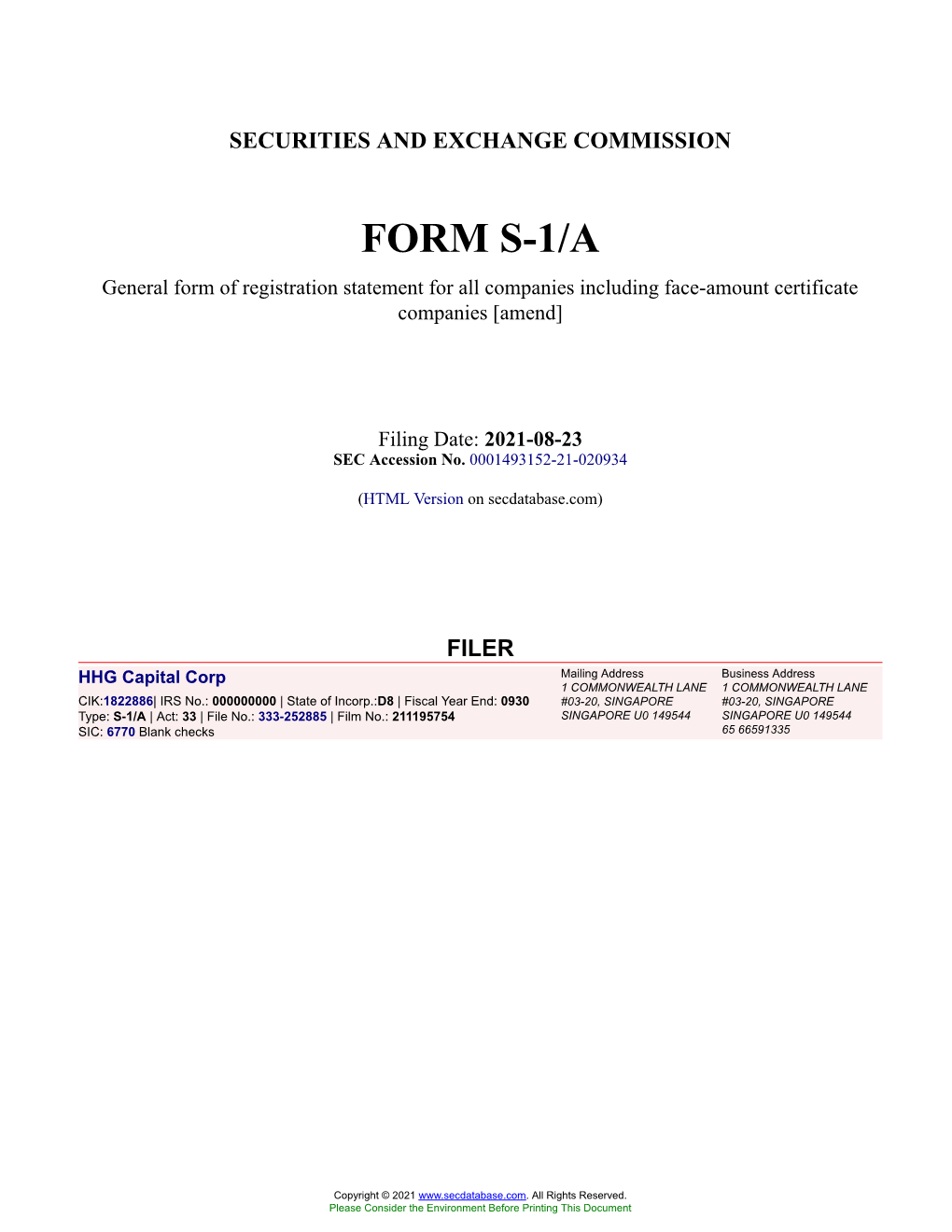 HHG Capital Corp Form S-1/A Filed 2021-08-23